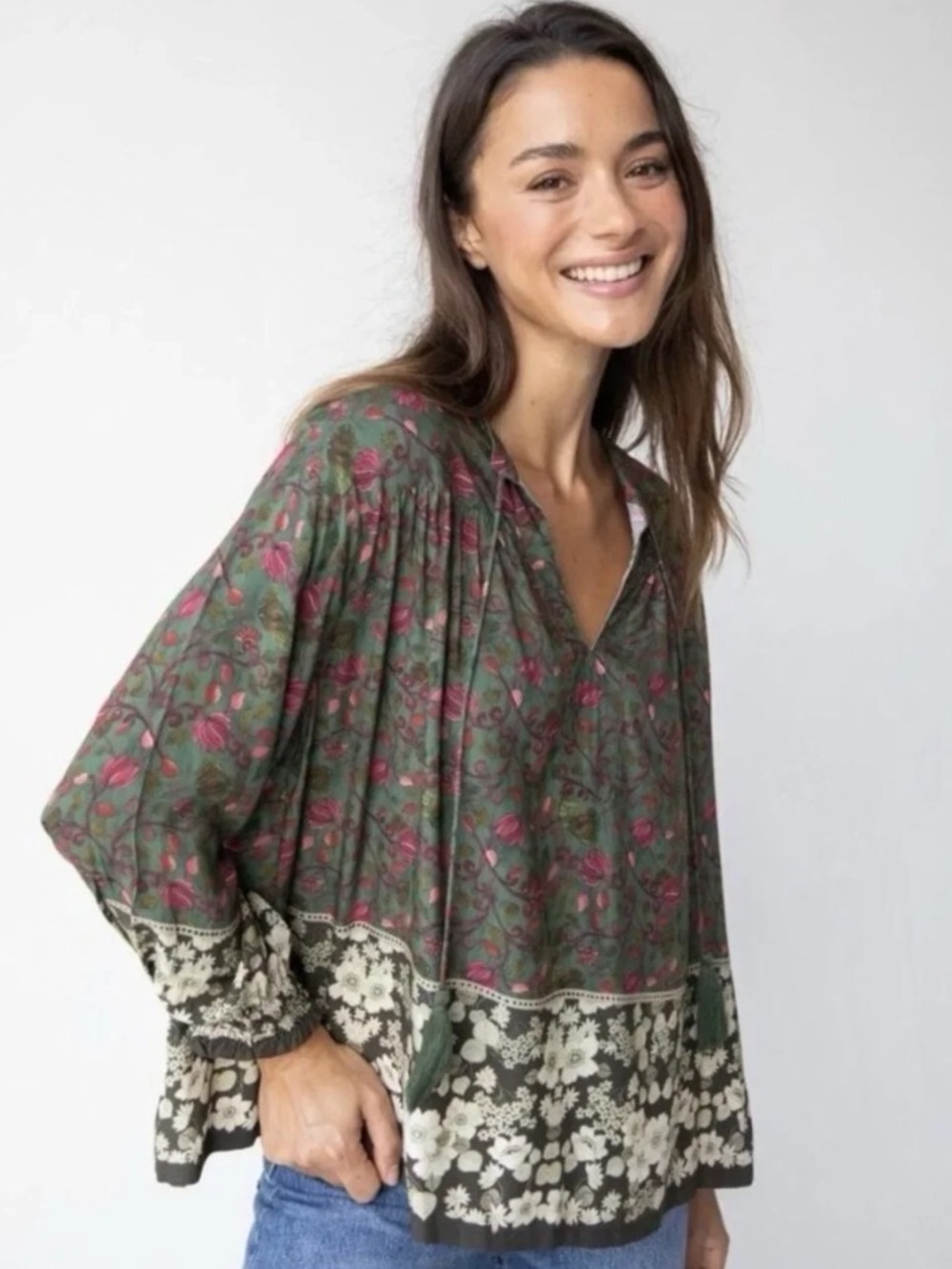 NATURAL LIFE Dara Boho Floral Peasant Blouse in Green Size Large